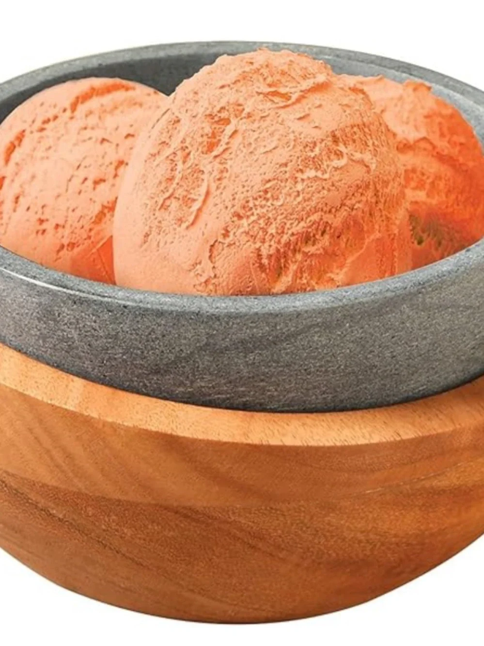SOAPSTONE & WOOD ICE CREAM BOWL SET FREEZABLE BOWL INSULATING WOOD BOWL MODERN - Picture 8 of 9